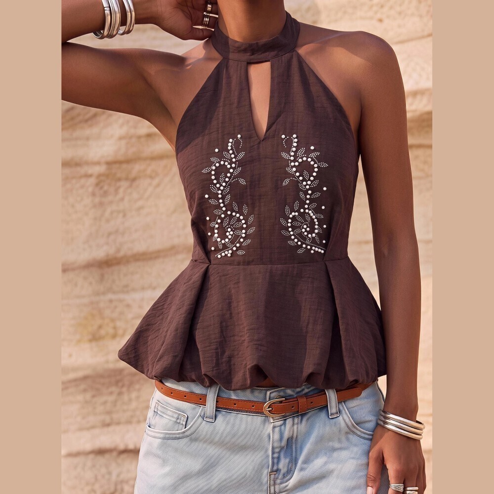 Brown Pearl Beaded Floral Halter Neck Peplum Top